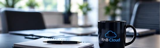 Illustrative consultation workspace with a notebook, laptop, and RnB Cloud mug