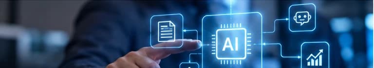Illustrated AI interface connecting documents, workflows, and business tasks
