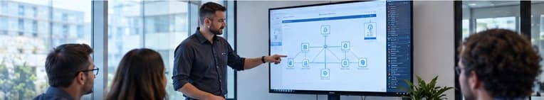Illustration of a technology consultant presenting an implementation plan to a team